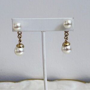 White Simulated Pearl Double Combo Drop Earrings Wedding Bride Classic 1.5”